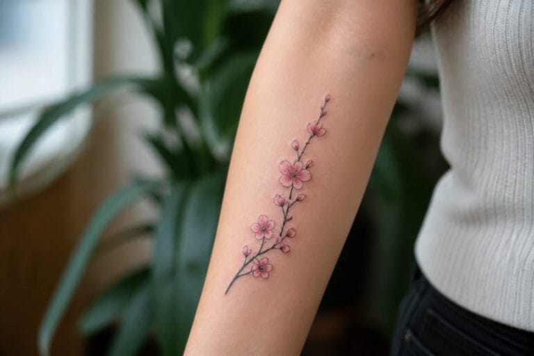20 Feminine Chinese Tattoo Ideas for Women With Soft Refined Details Person's forearm with delicate vertical pink cherry blossom tattoo, white shirt, black pants.