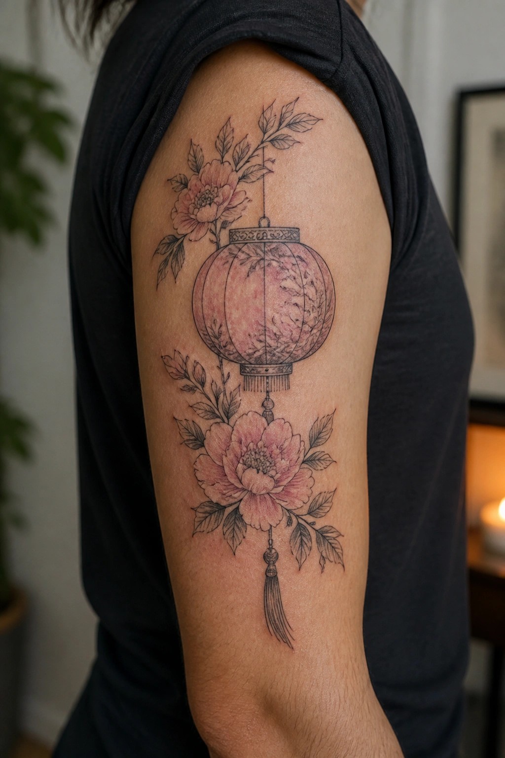 Shoulder tattoo of hanging pink lantern with peony flowers on black shirt.