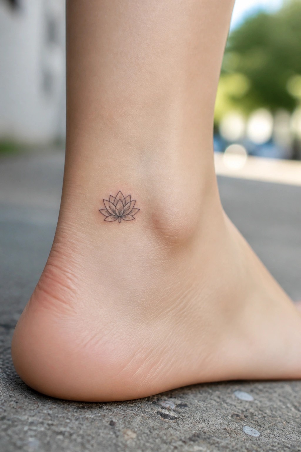 Small fine line lotus flower tattoo on the ankle