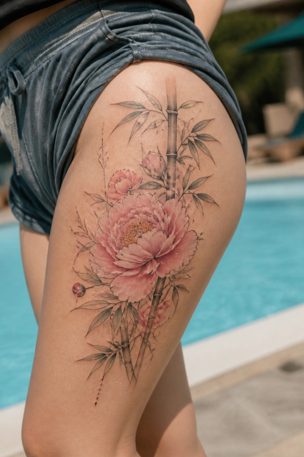 Pink peony and bamboo tattoo on thigh with denim shorts by pool