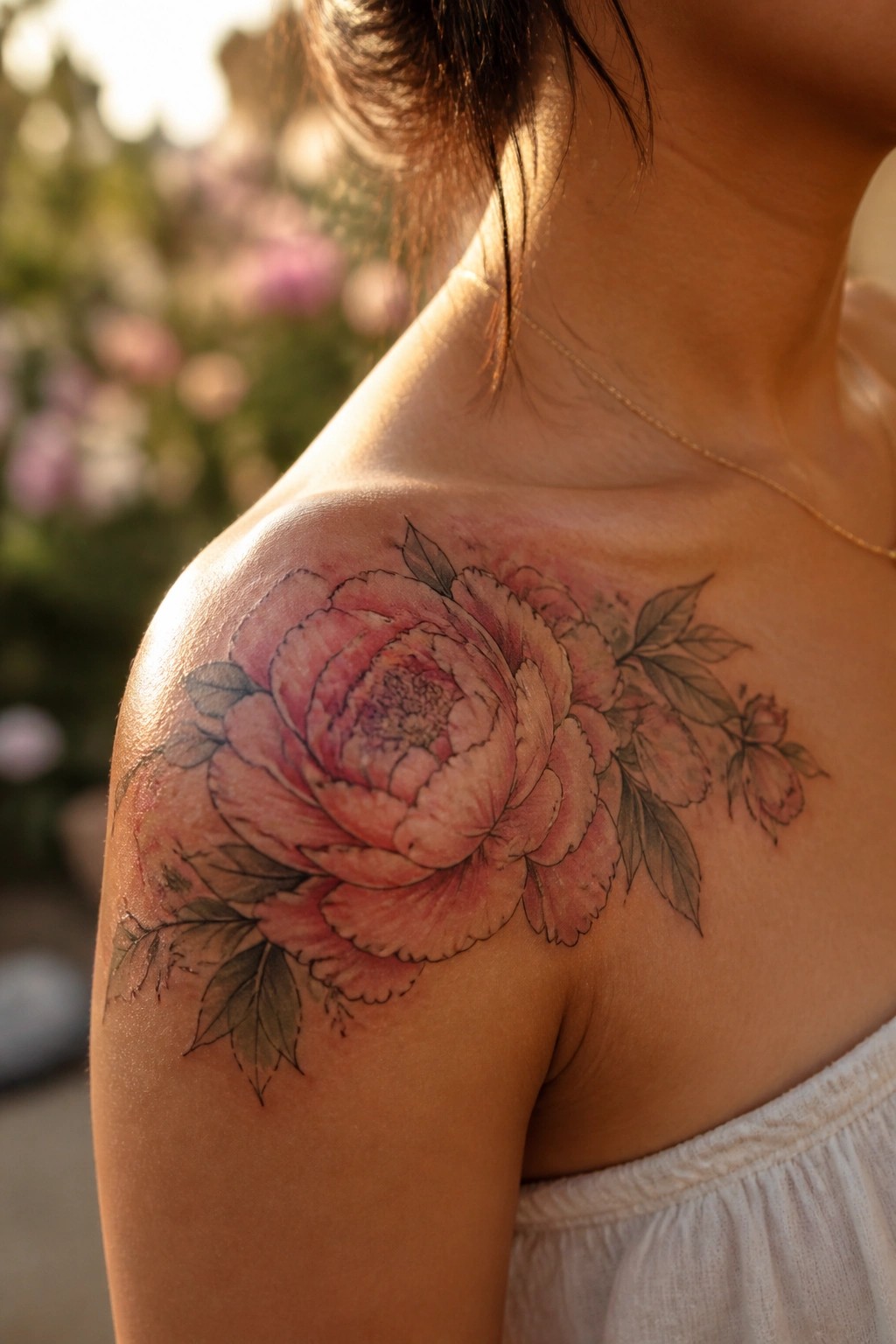 Sunlit shoulder with pink peony tattoo, green leaves, gold necklace, white top