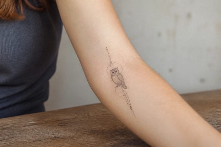 Forearm with fine-line owl tattoo on leafy branch, white knit sweater cuff on wood.