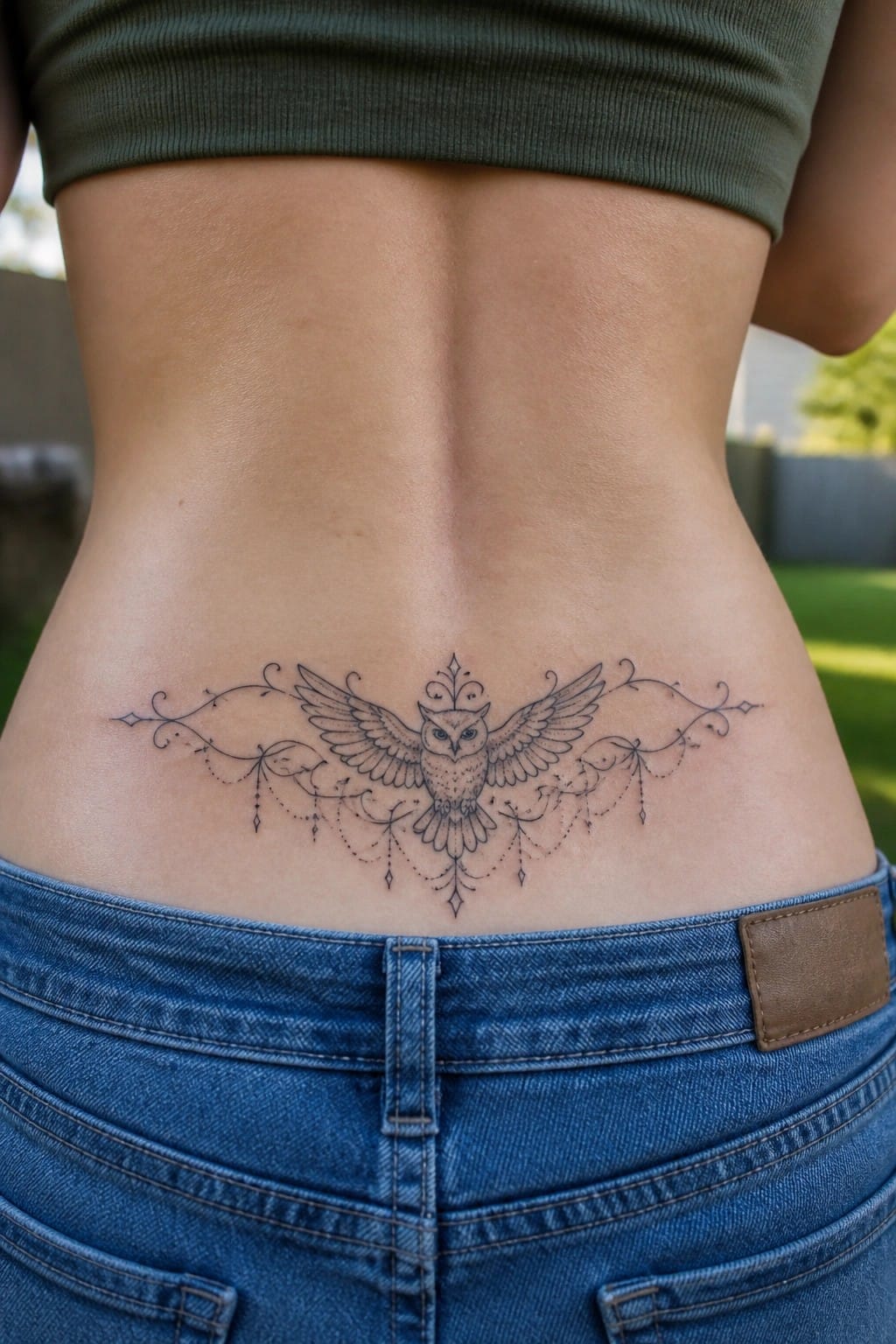 Owl tattoo with ornate wings and vines on lower back above blue jeans