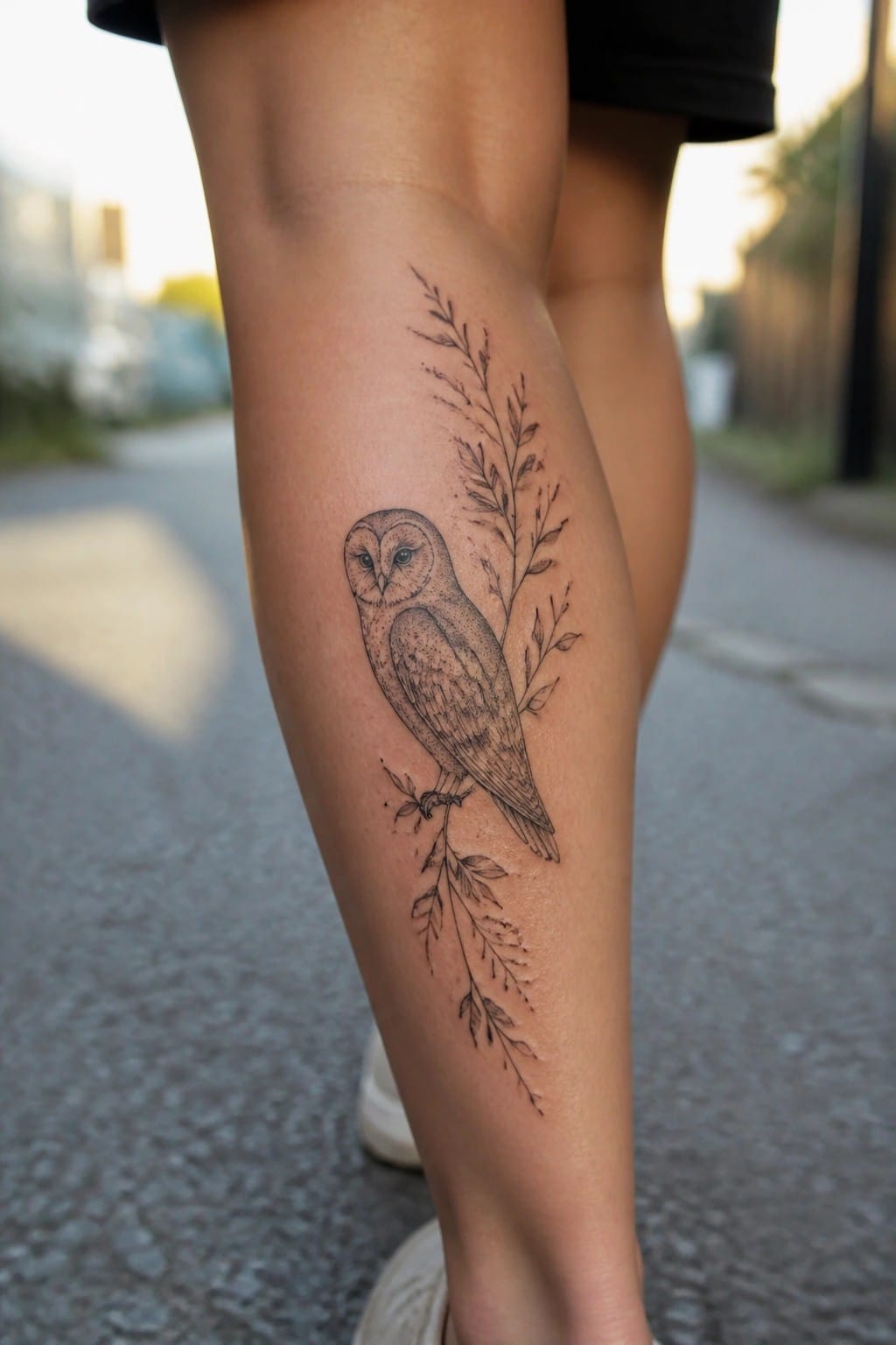 Fine line black and grey tattoo of an owl perched on a branch with surrounding leaves on a woman's lower leg shin
