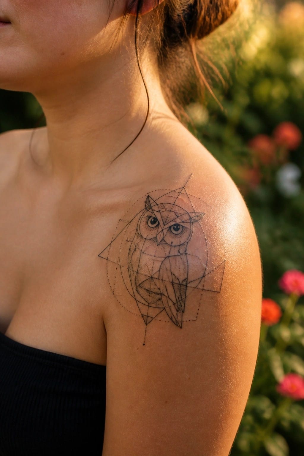Geometric owl tattoo on woman's sunlit shoulder with black top and blurred flowers.
