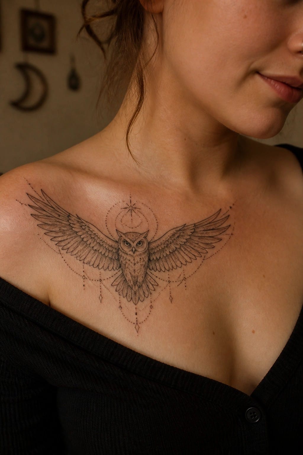 Woman's chest with large owl wings tattoo above black off-shoulder top