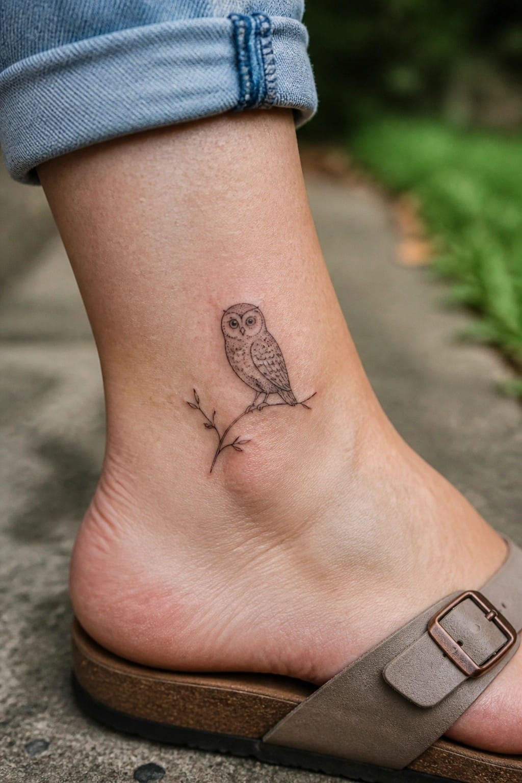 Fine line owl tattoo on ankle with the bird perched on a thin branch.