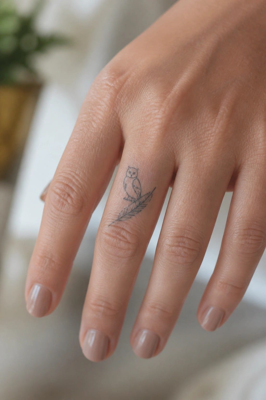 Light-skinned hand with delicate owl-on-feather tattoo on the ring finger