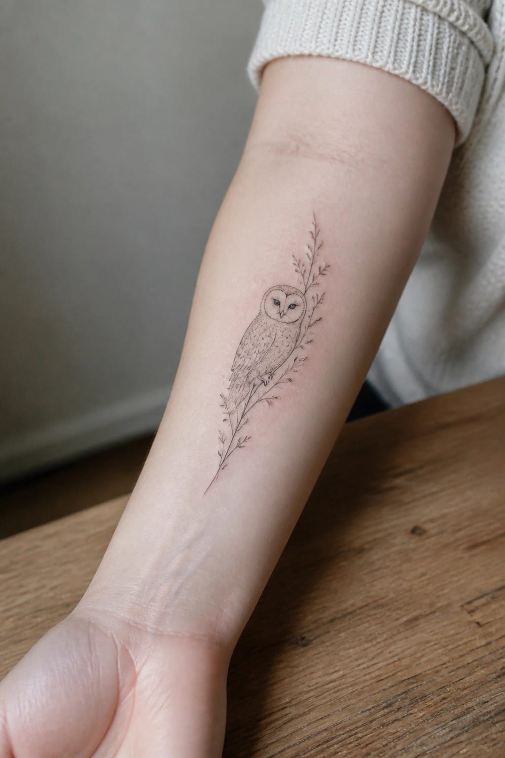 Forearm with fine-line owl tattoo on leafy branch, white knit sweater cuff on wood.