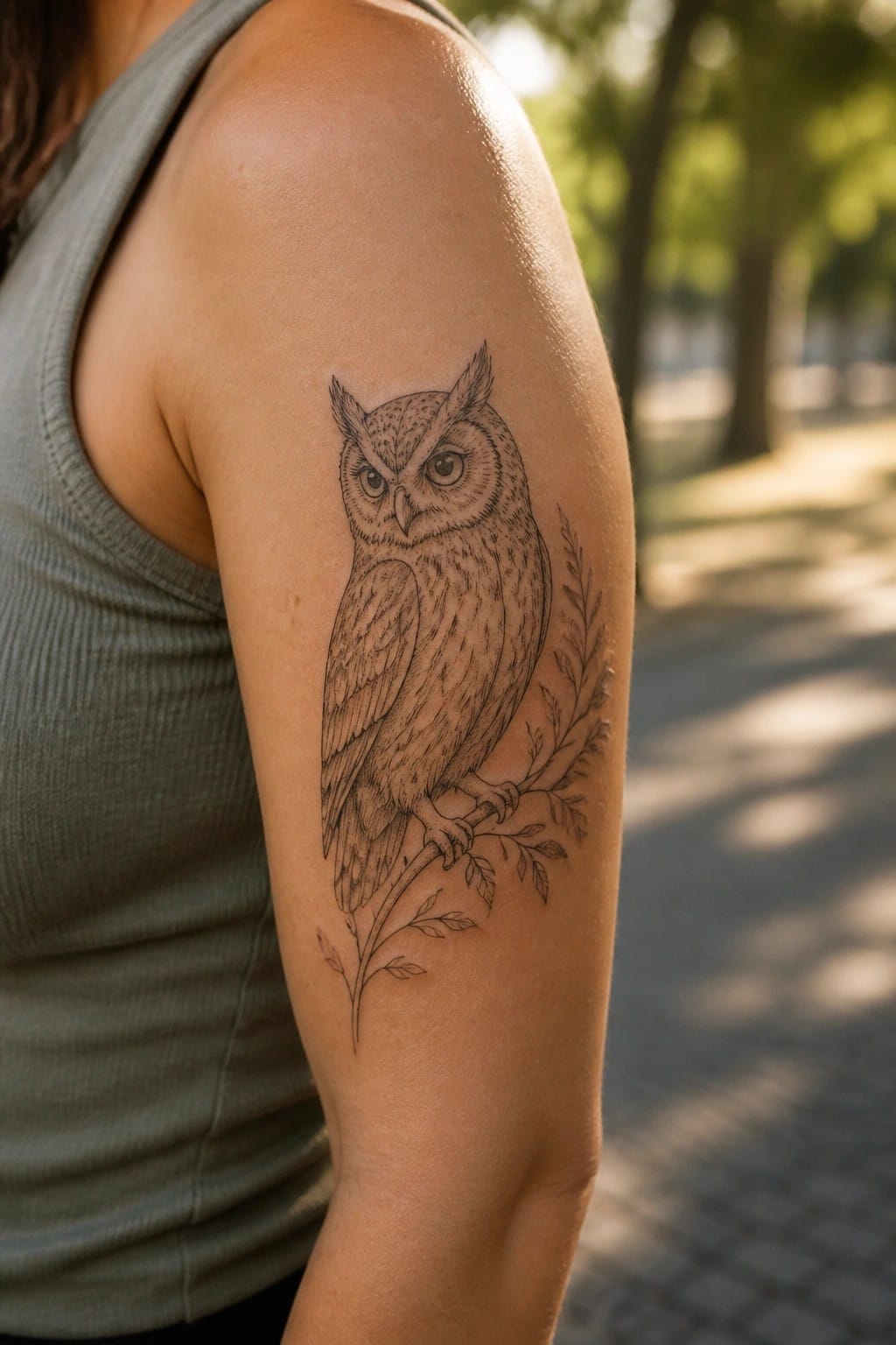 Owl tattoo on upper arm of person in gray tank top outdoors