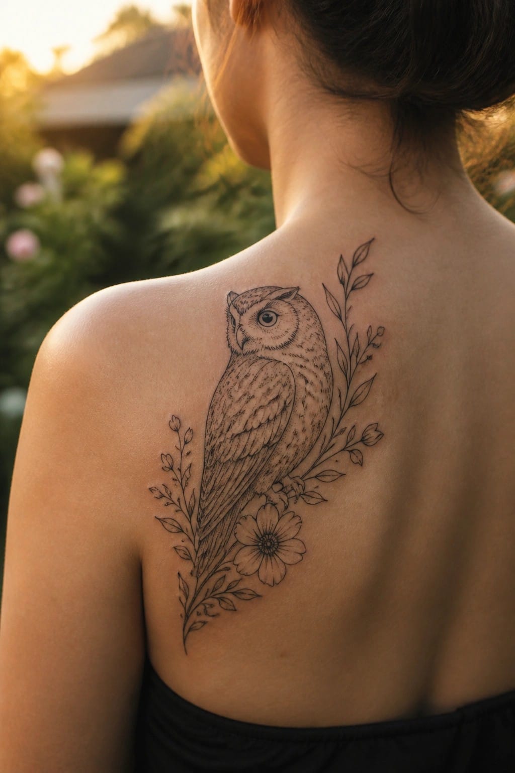 Black ink owl tattoo with flowers on woman's bare back at sunset