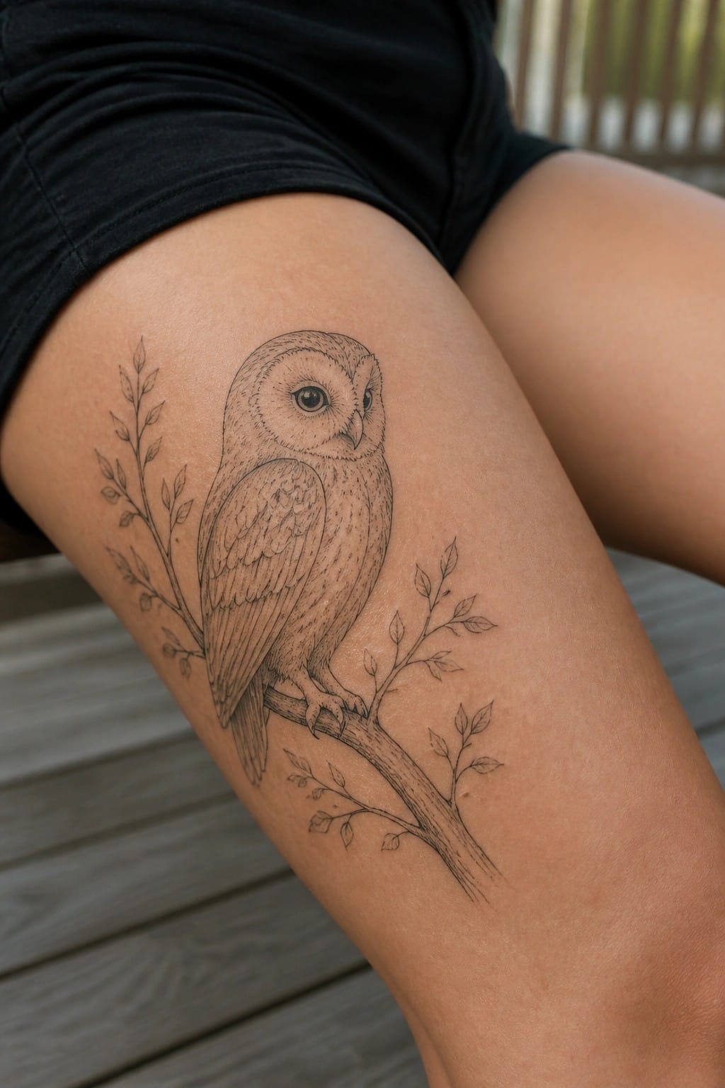 Owl on branch tattoo on thigh of person in black shorts