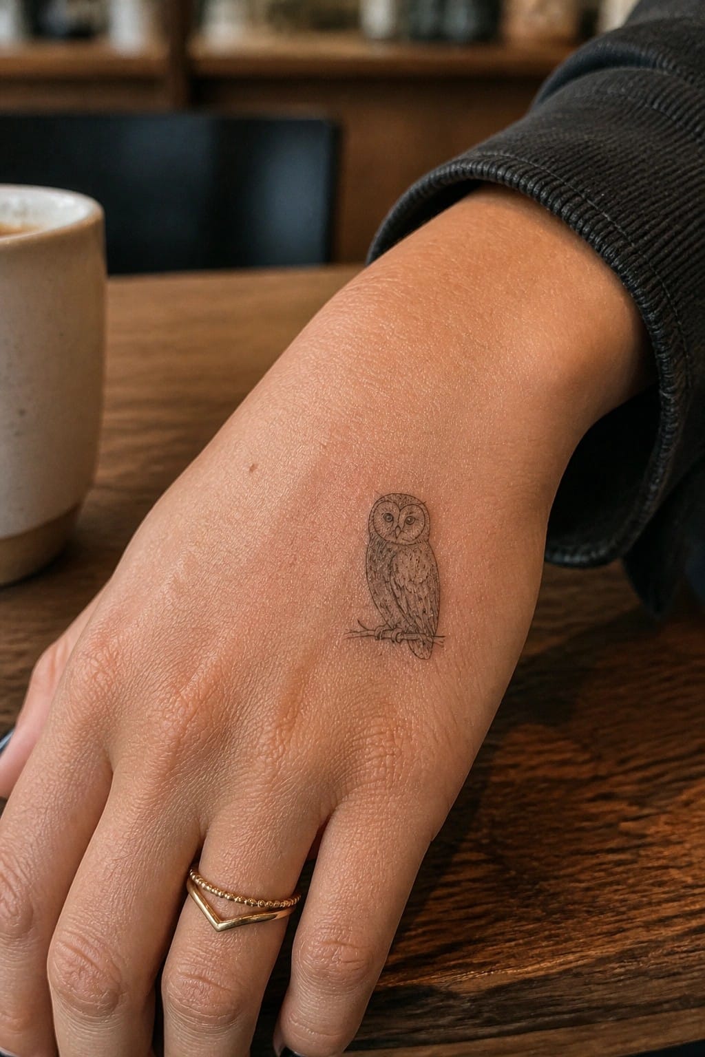Hand with owl tattoo, gold ring, dark sleeve on wooden table beside ceramic mug.