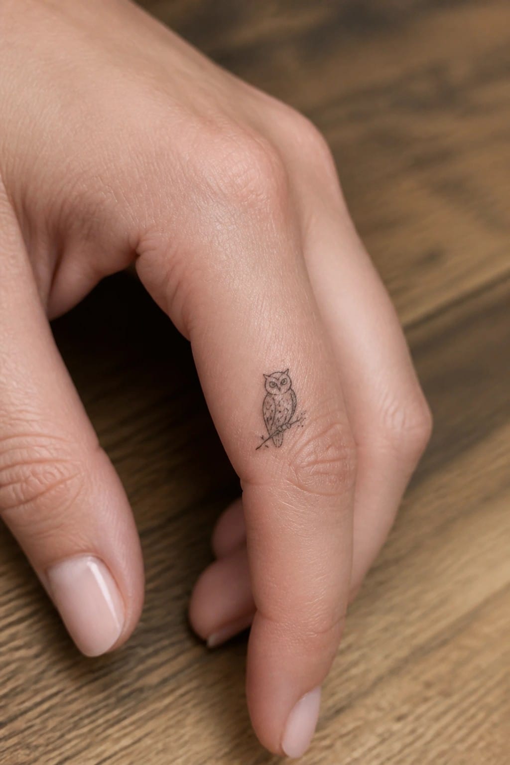 Fine line owl tattoo on the side of a finger, perched on a small branch.