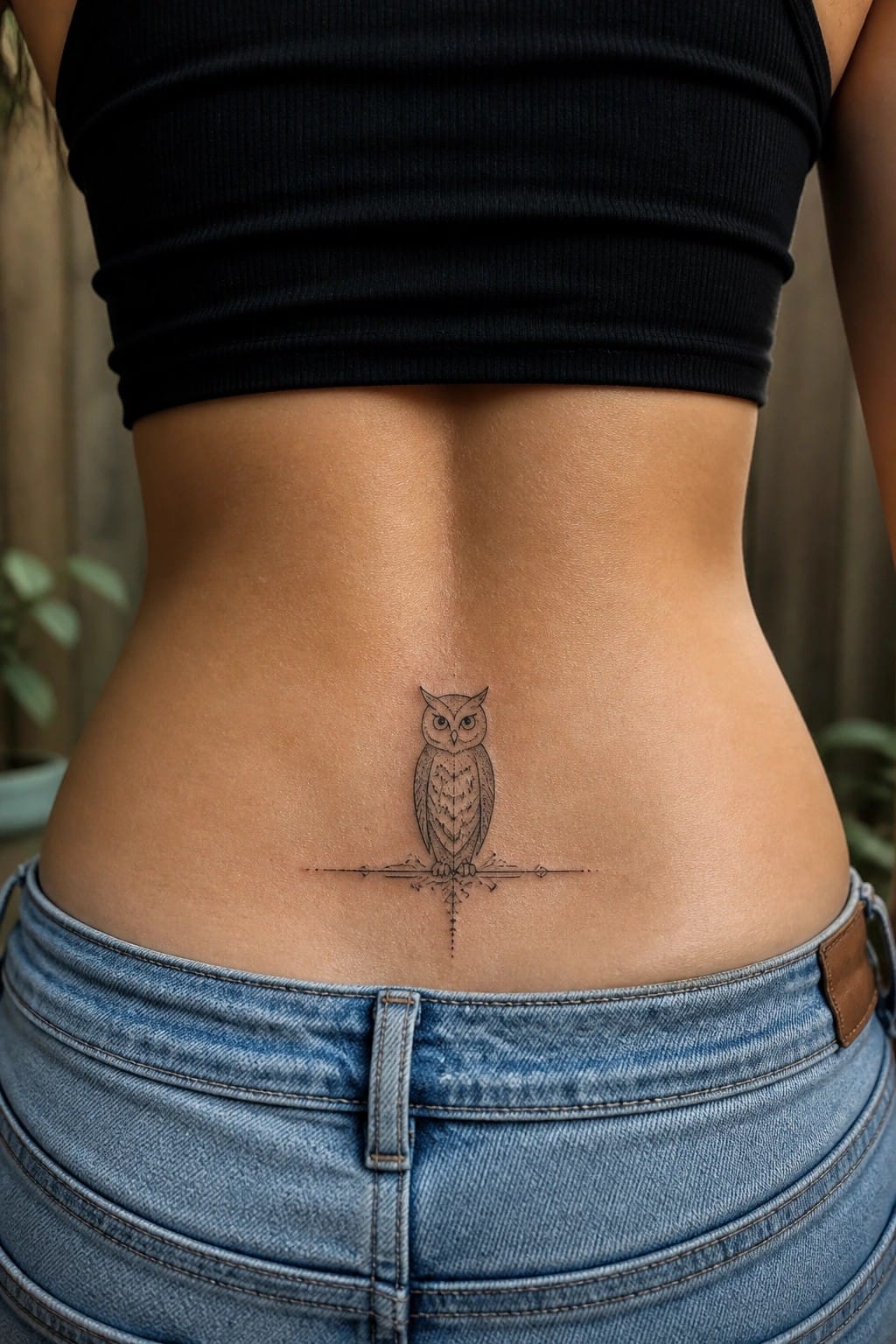 Small fine line owl tattoo centered on the lower back above blue jeans waistband