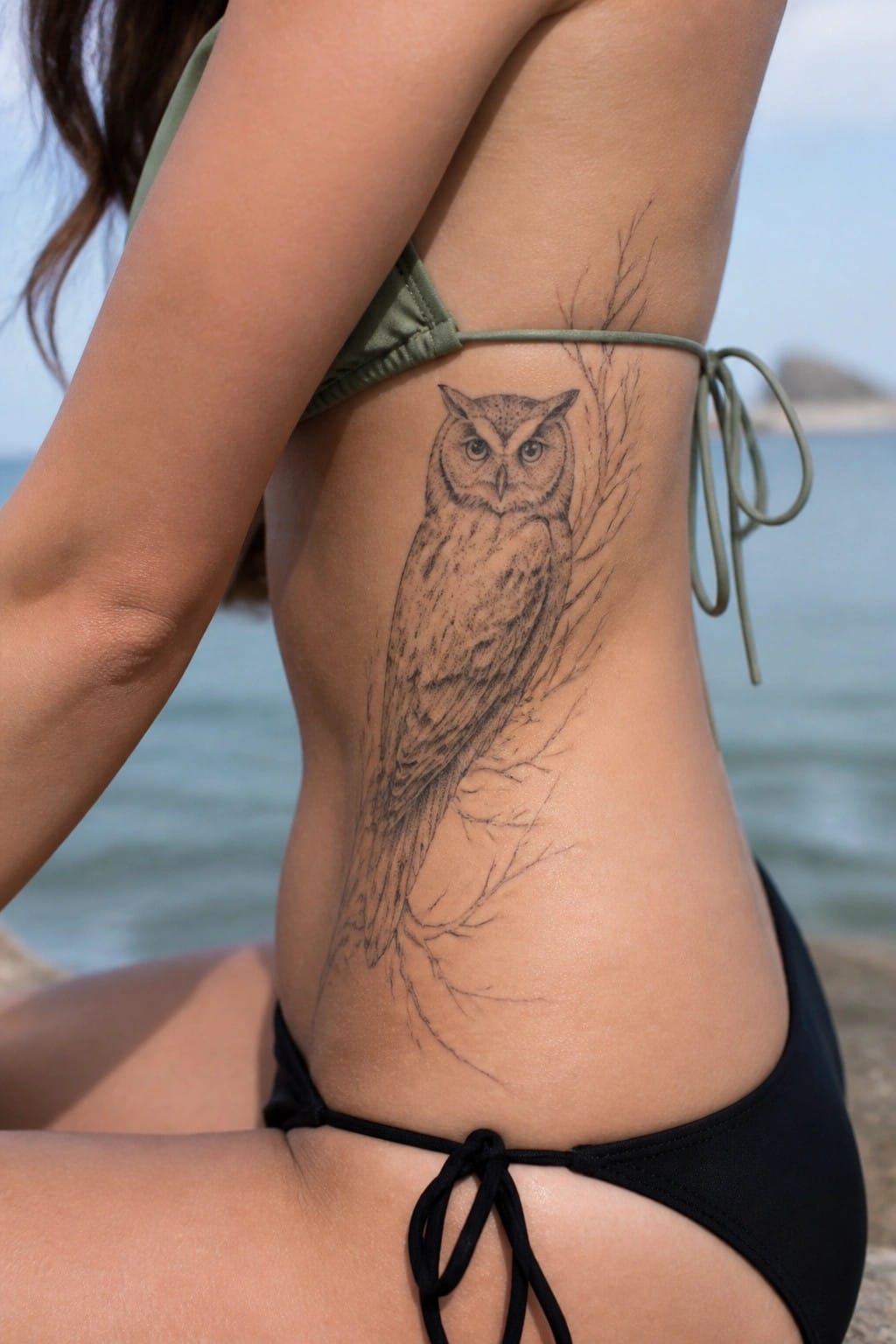 Fine line owl tattoo on the side torso with branches extending around it