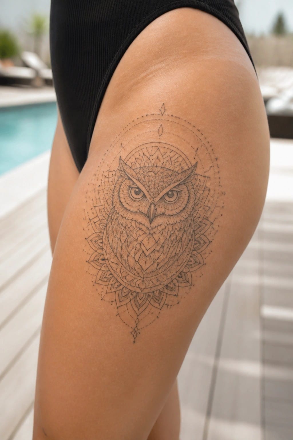 Ornate owl mandala tattoo on thigh of person in black swimsuit by pool