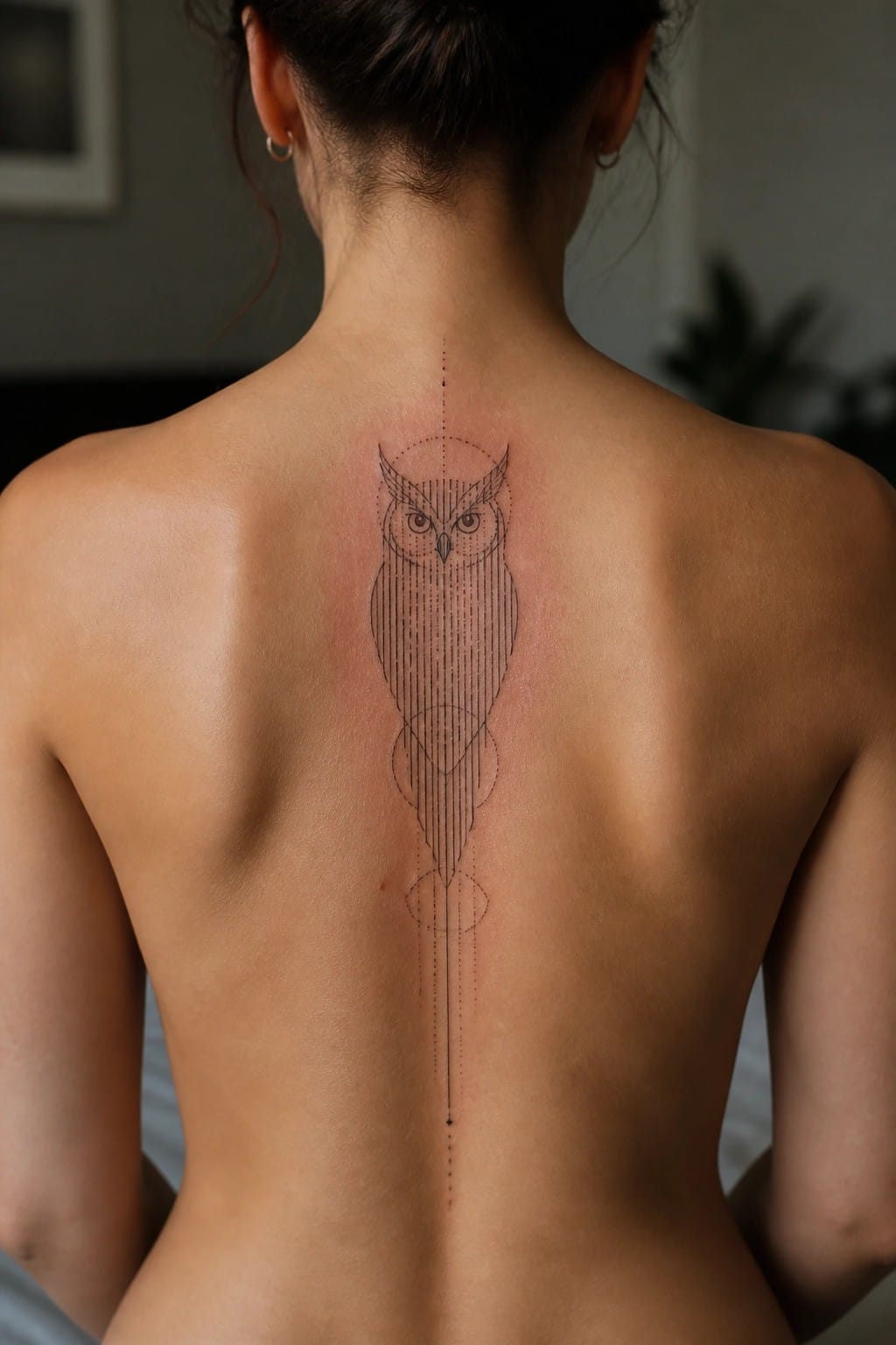 Woman's bare back featuring large geometric owl tattoo along spine