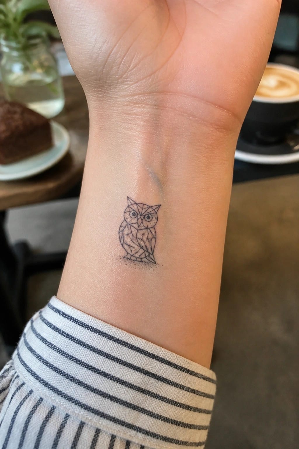 Geometric owl tattoo on inner wrist above striped shirt cuff in cafe setting