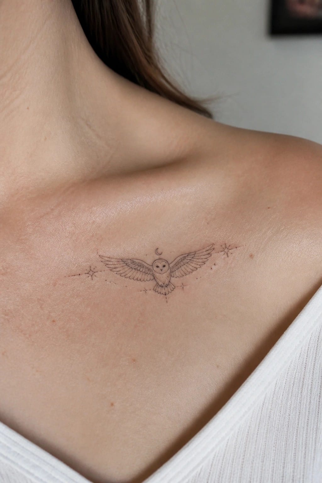 Fine-line owl tattoo with spread wings, stars, and crescent moon on shoulder.