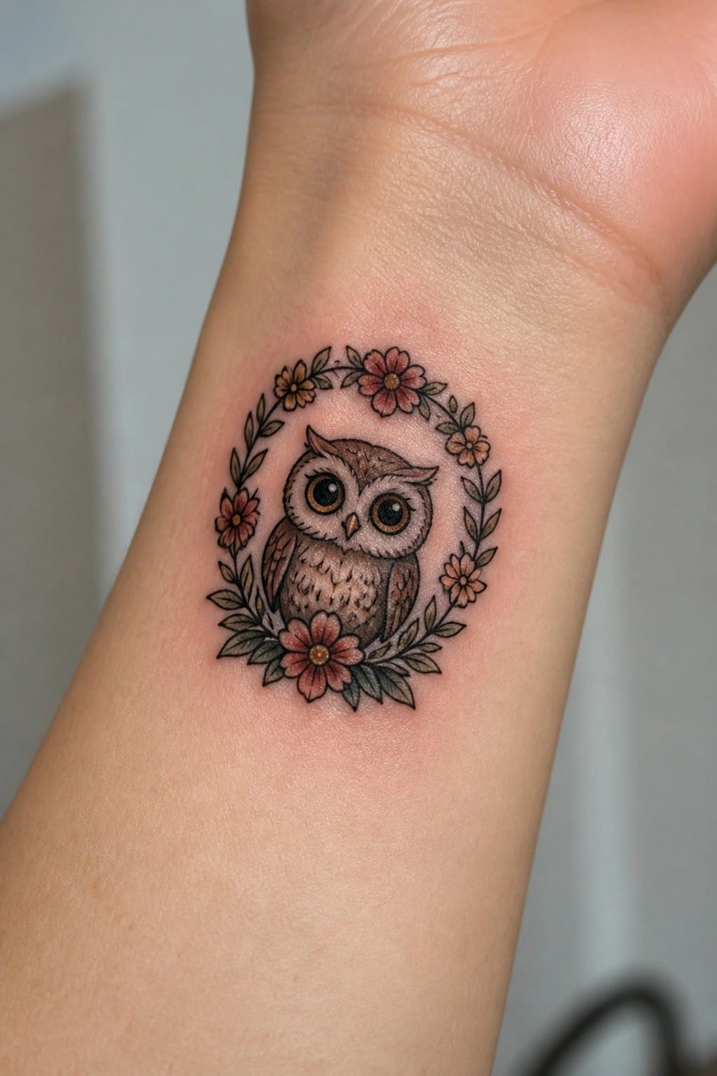 Brown owl tattoo with large eyes inside pink flower wreath on wrist