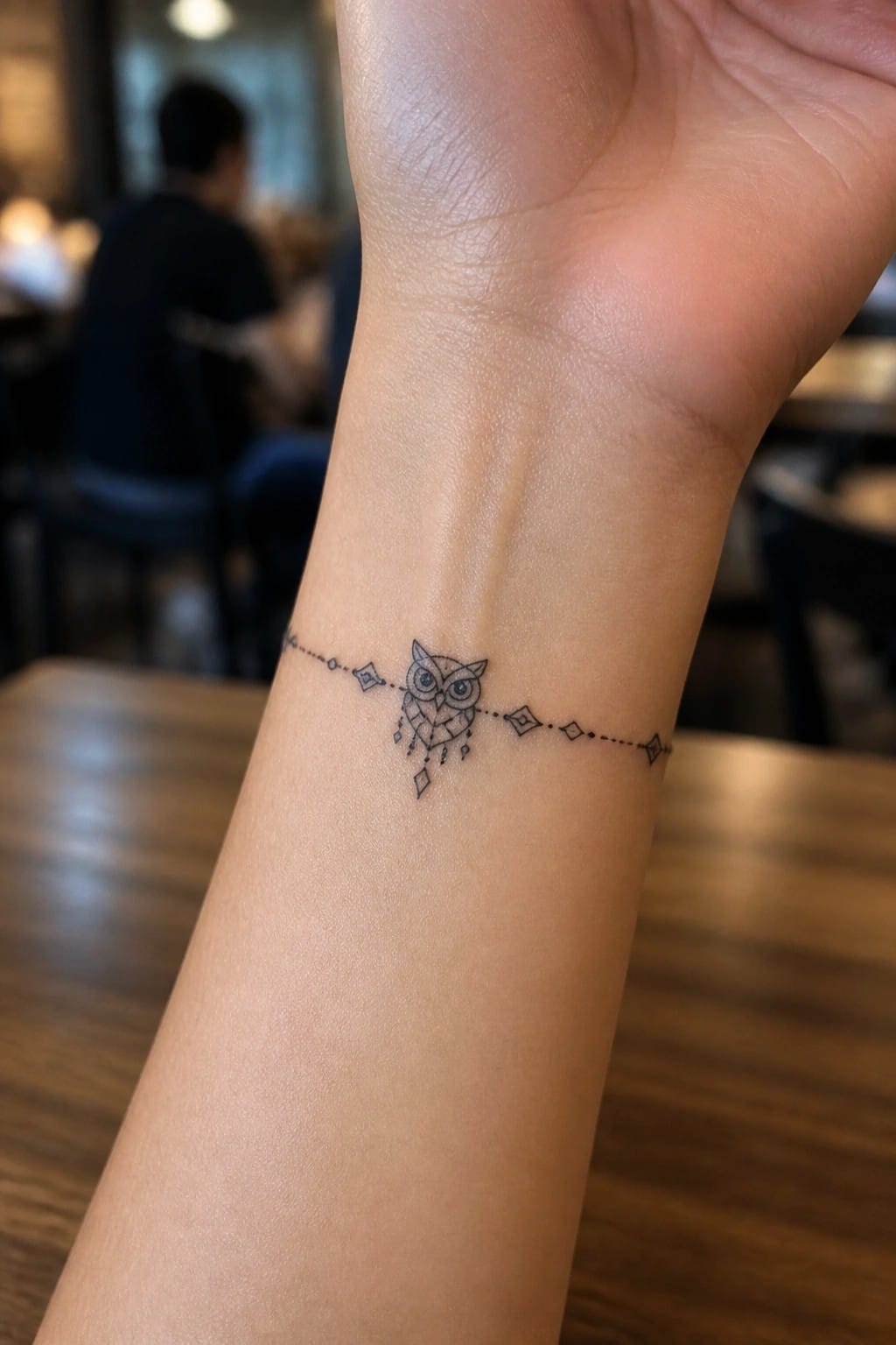 Geometric owl tattoo with dotted diamond line on wrist
