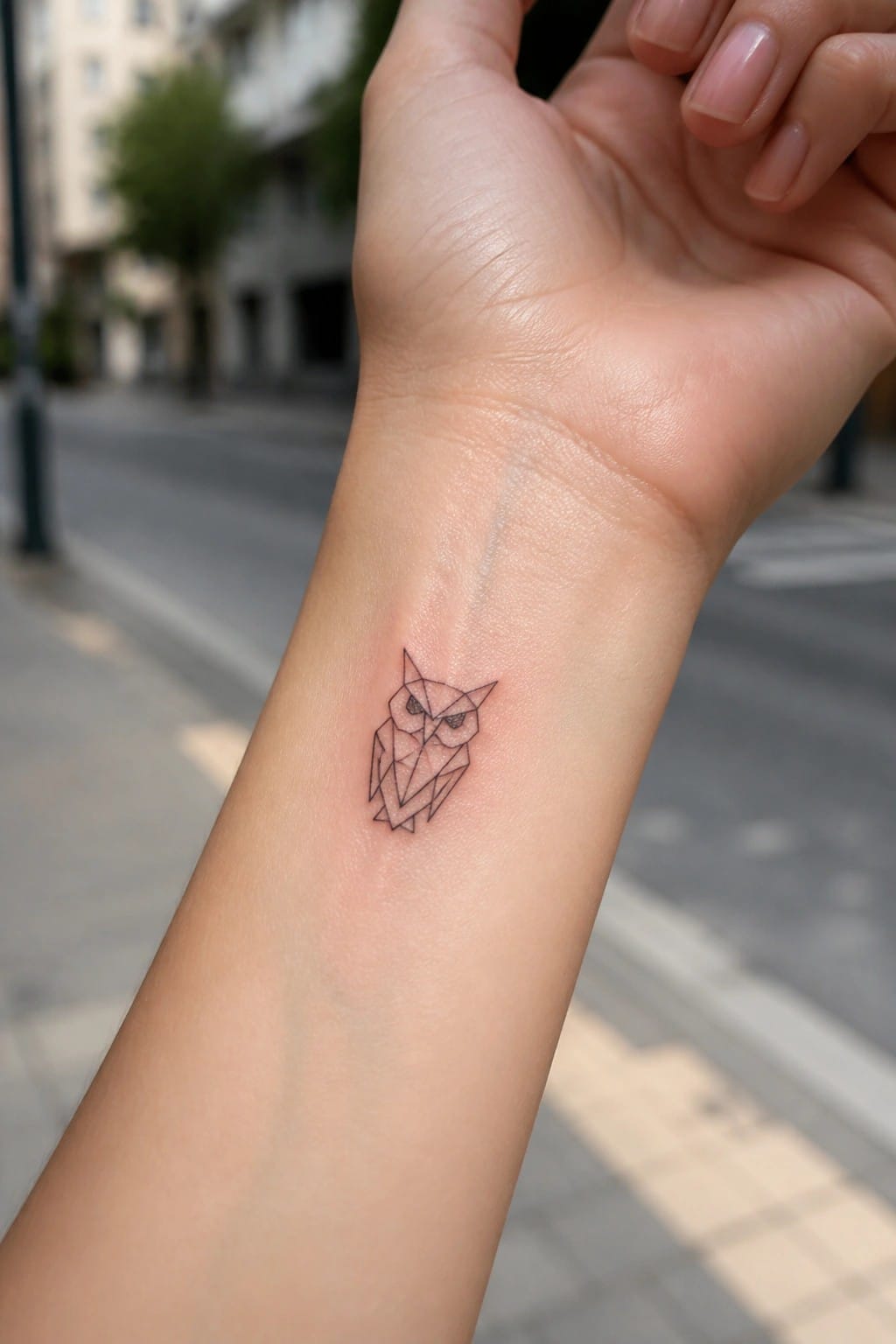 Small geometric line art owl tattoo on the inner wrist of a woman's hand