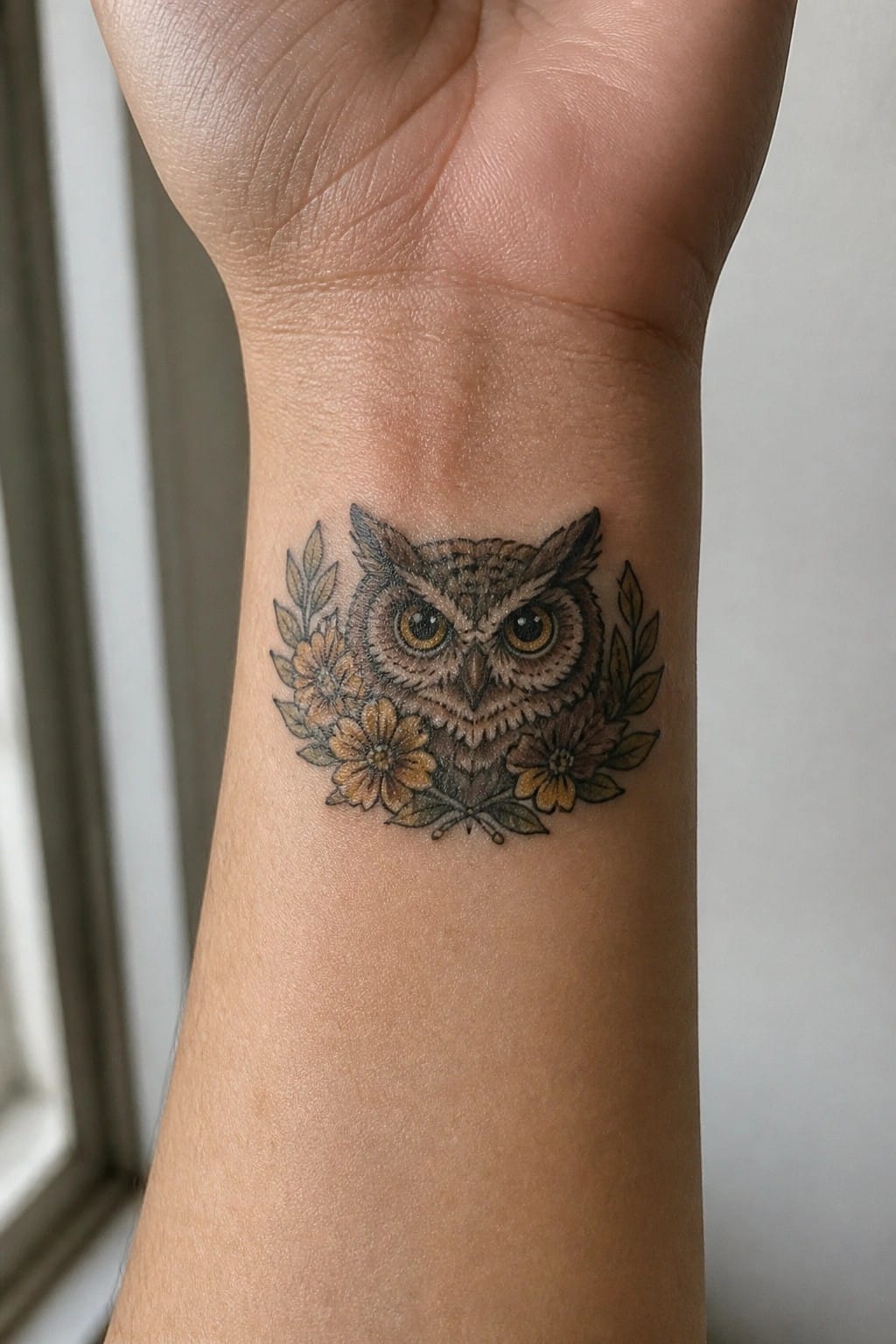 Realistic owl tattoo on inner wrist with yellow flowers and leaves on both sides