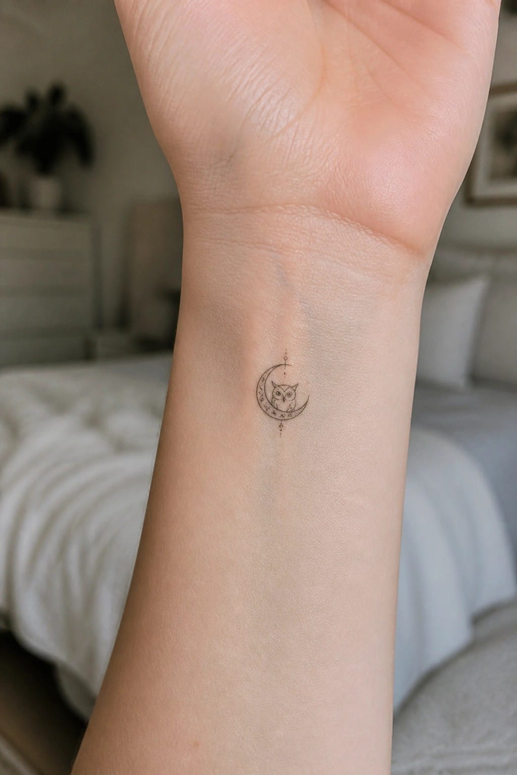 Minimalist fine-line tattoo of an owl on a crescent moon on a wrist.