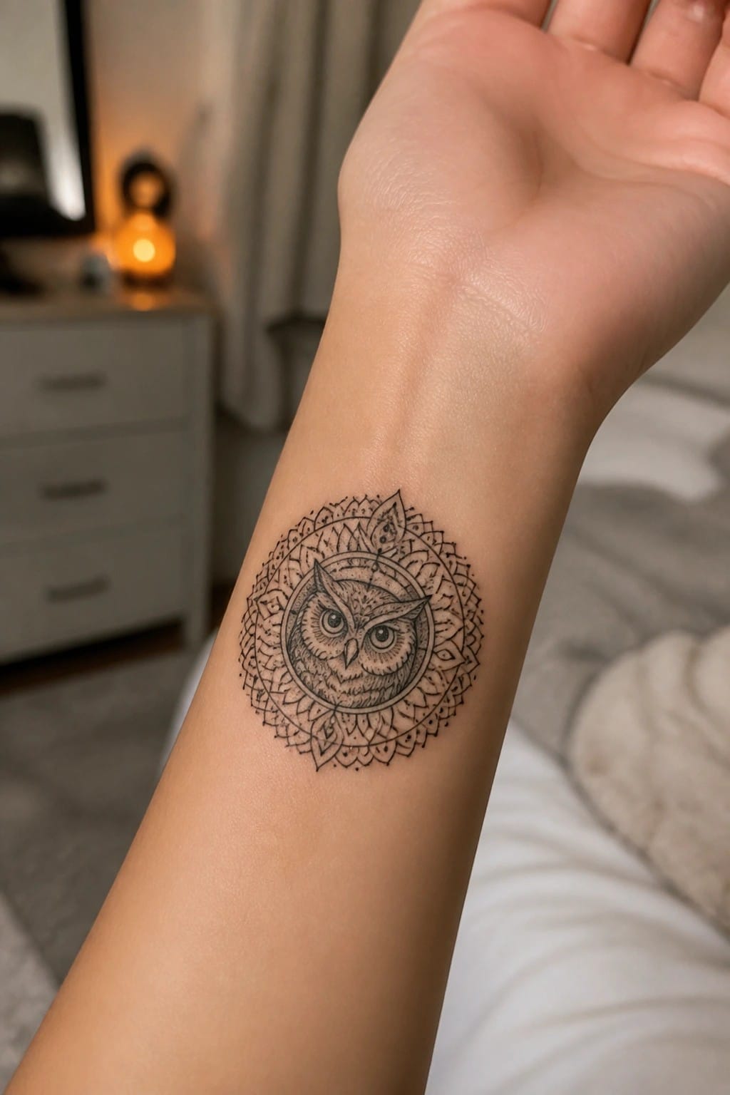 Owl mandala tattoo on inner wrist in softly lit bedroom.
