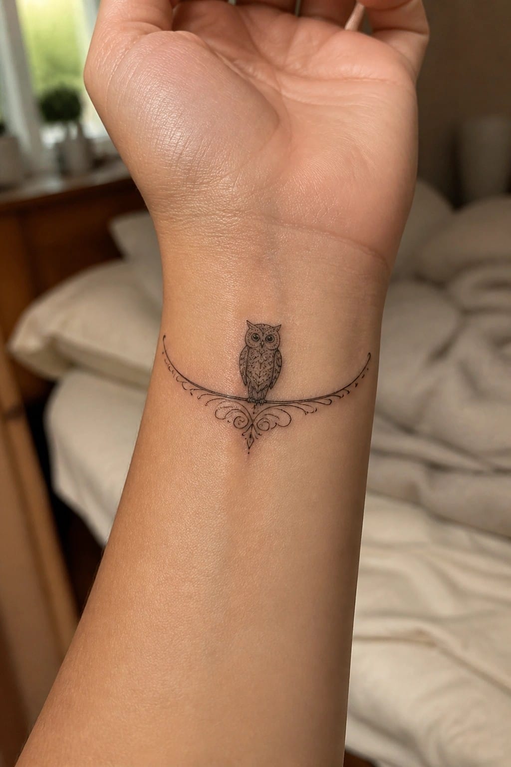 Owl tattoo on wrist with ornate curved branch and decorative swirls below