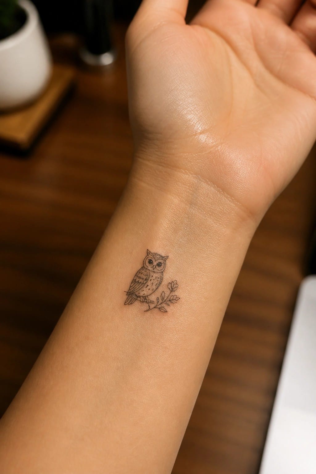 Small fine line owl tattoo on the inner wrist, perched on a short branch with leaves.