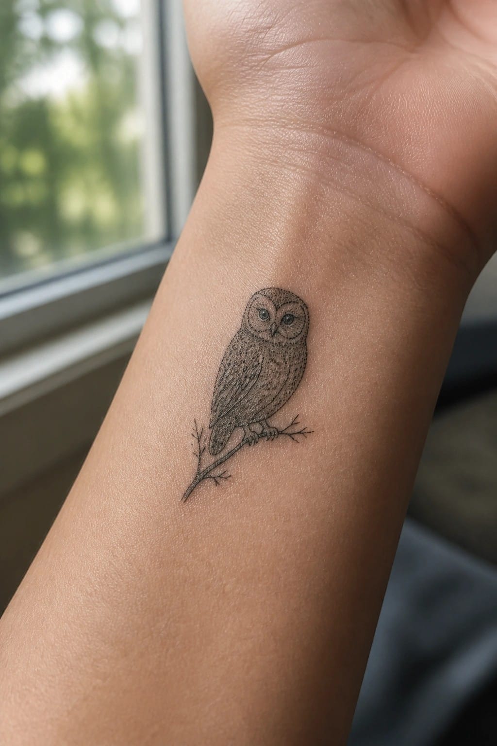 Small black and grey owl tattoo on the inner wrist perched on a thin branch in fine line style