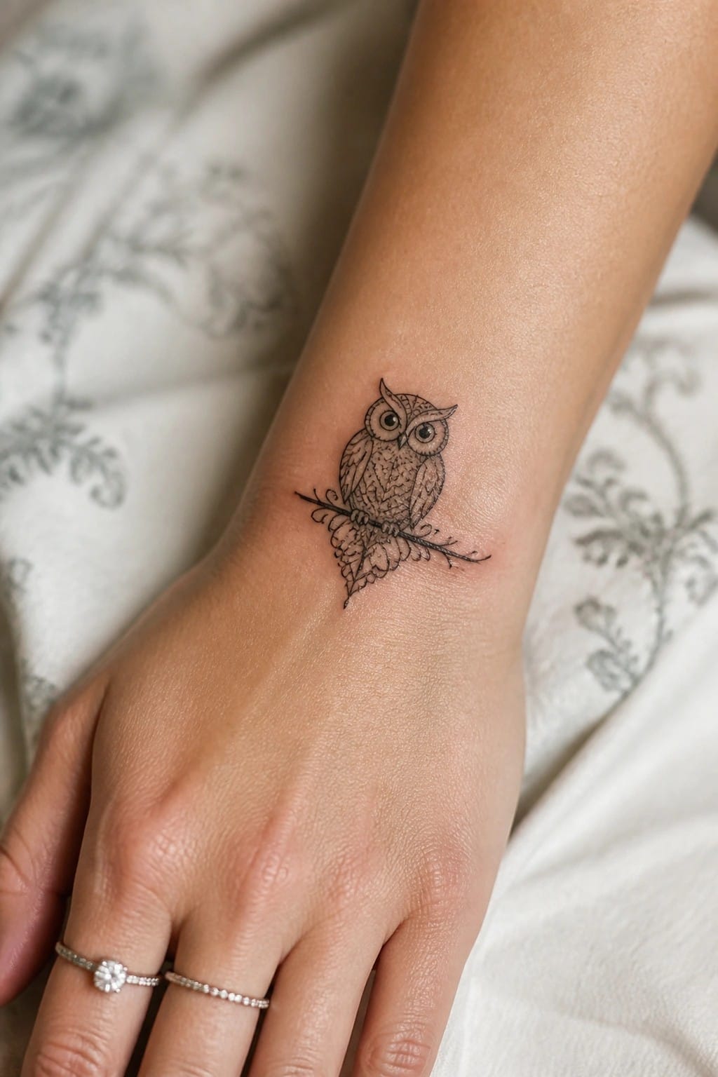 Intricate black owl tattoo on leafy branch adorns inner wrist with diamond rings.