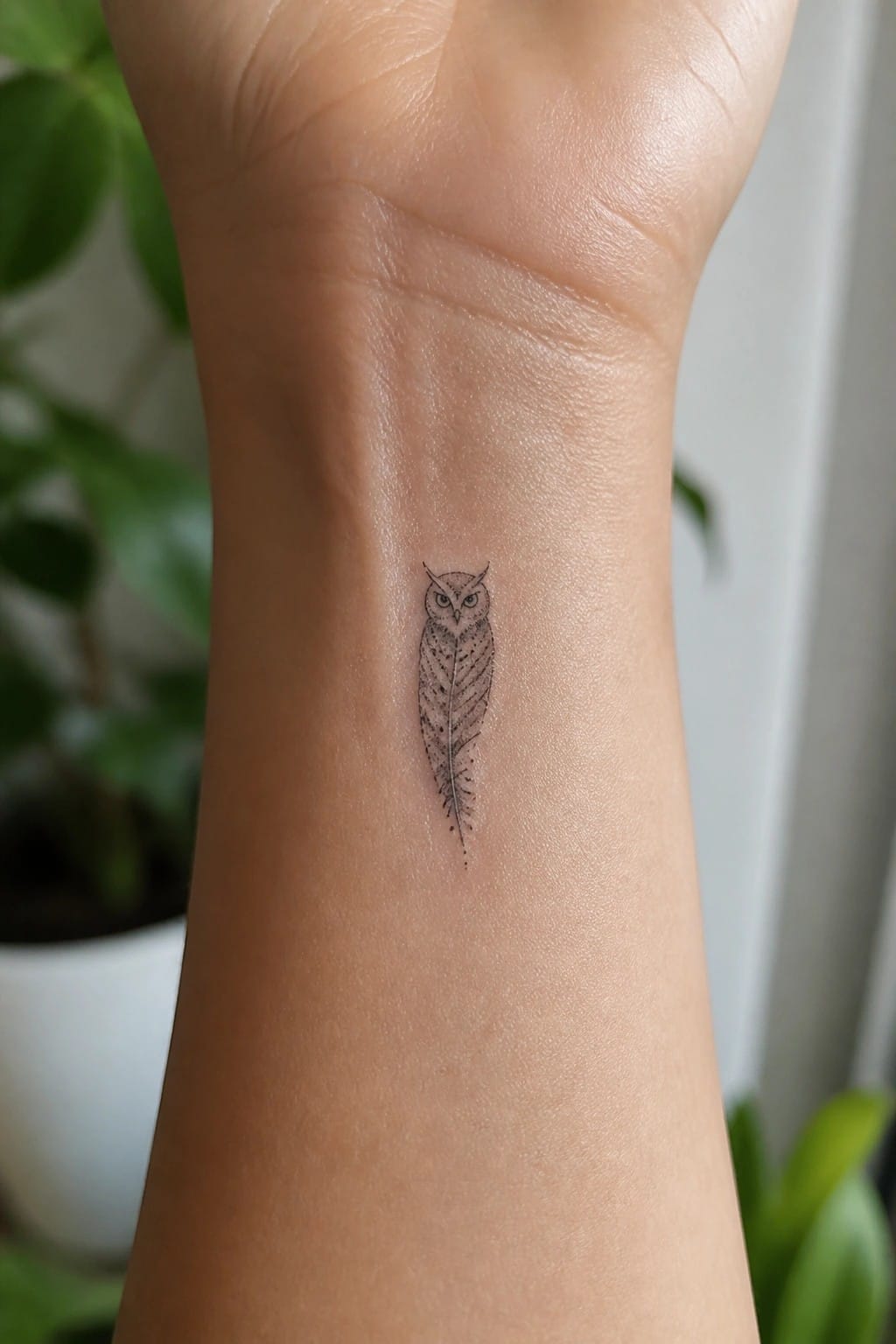 Fine line owl tattoo shaped like a feather on the inner wrist