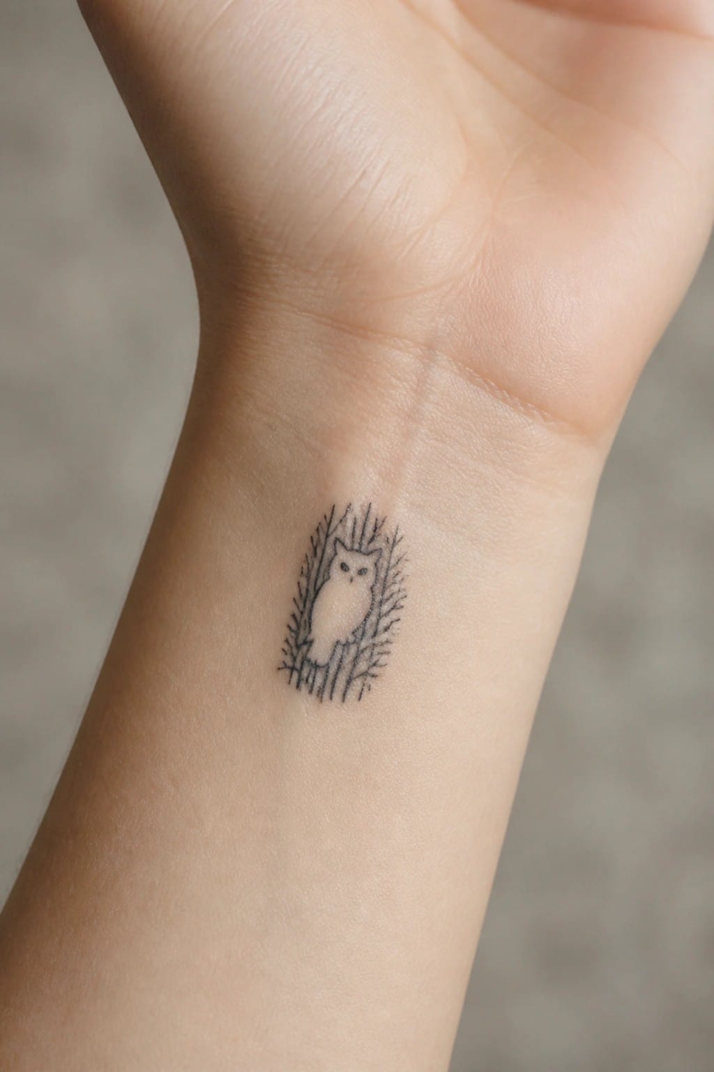 Small black line tattoo of an owl framed by trees on the inner wrist