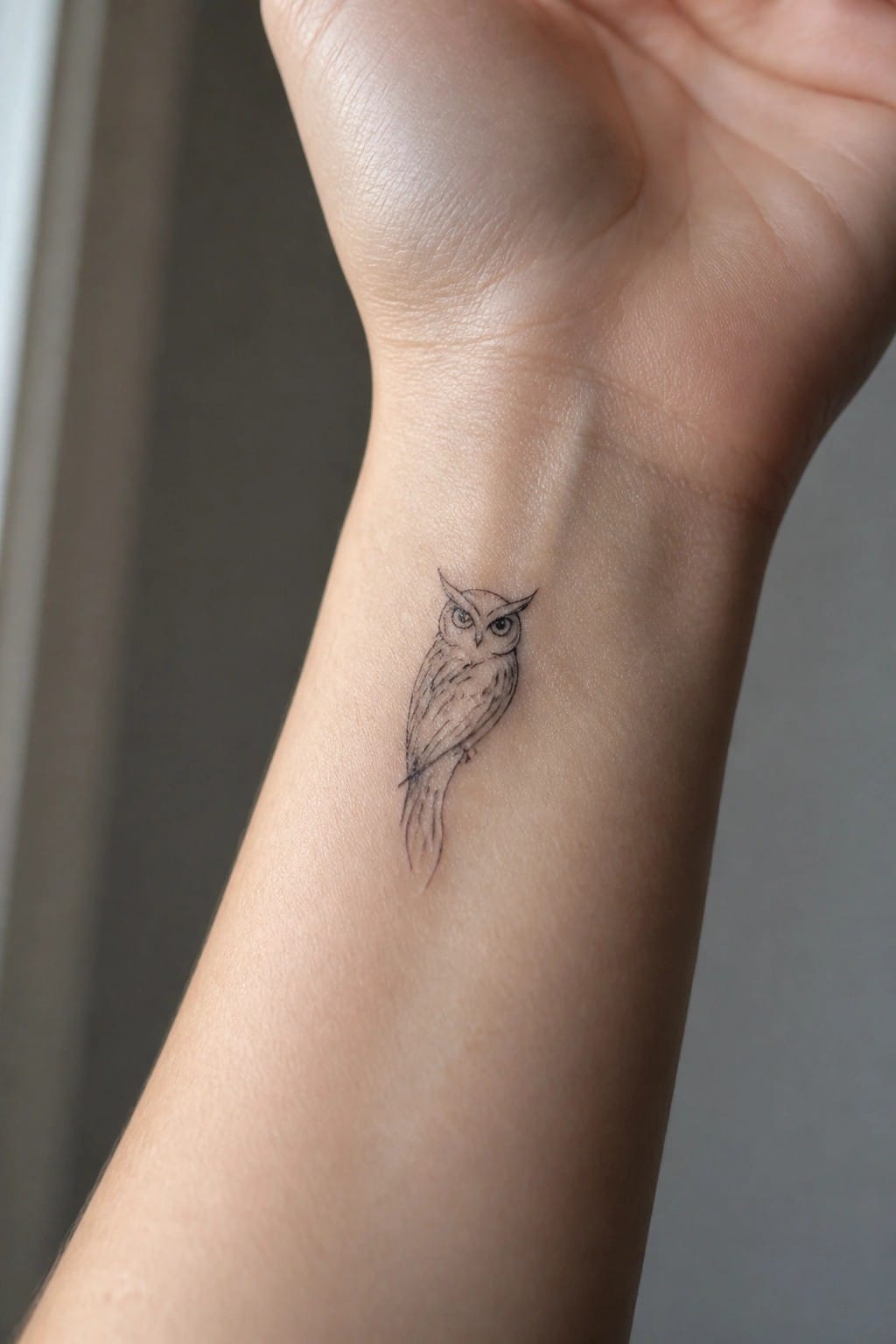 Small fine line owl tattoo placed on the inner wrist