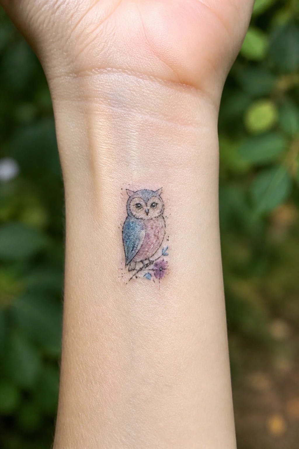 Watercolor blue-pink owl tattoo on wrist perched on branch with purple flower