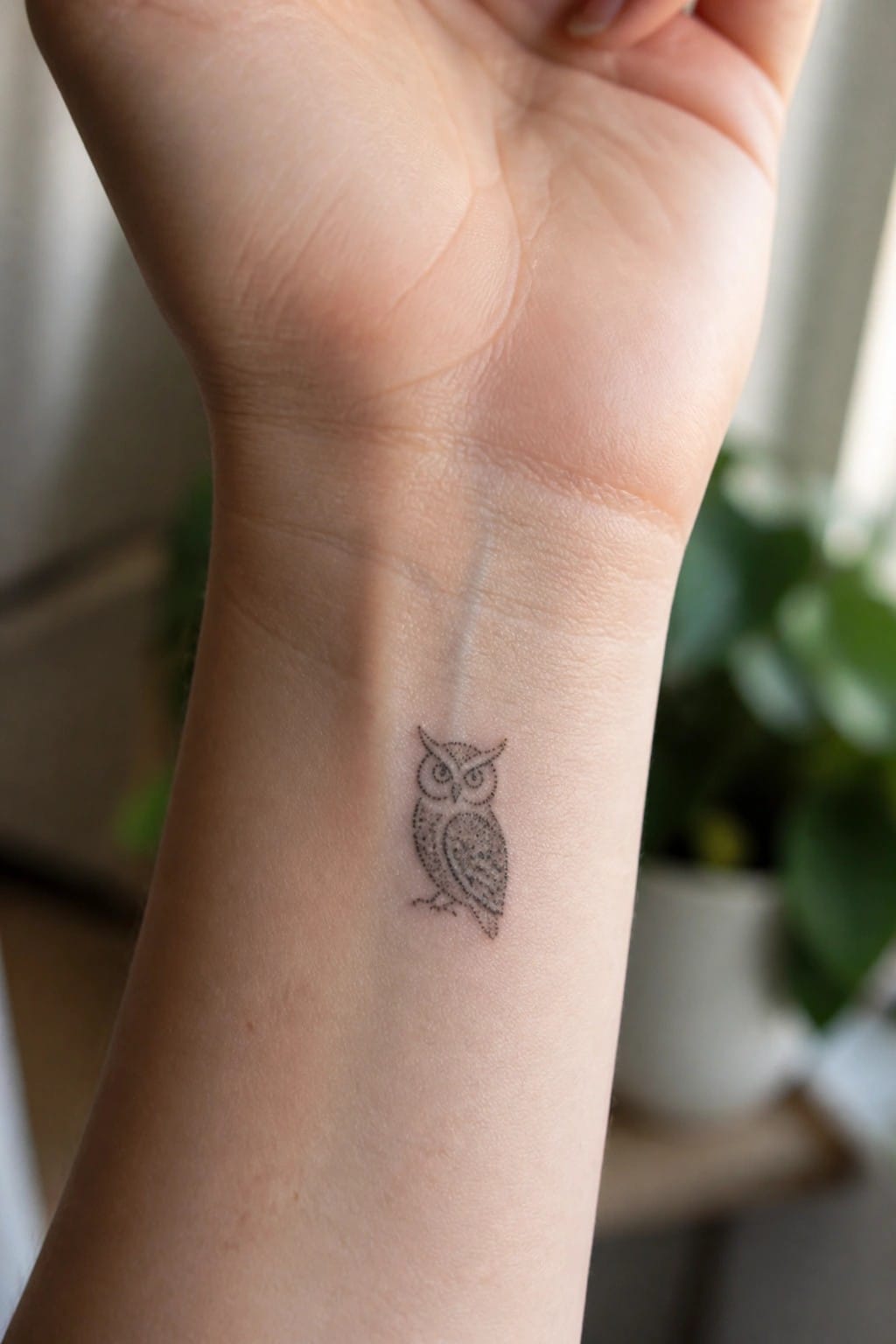 Small black owl tattoo on light-skinned inner wrist with blurred background