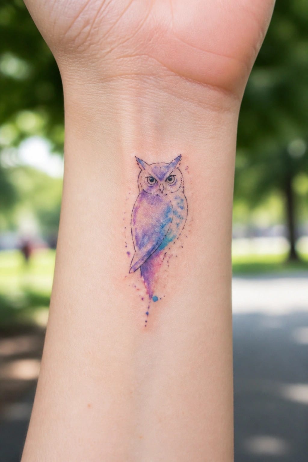 Small watercolor owl tattoo in purple and blue shades on the inner wrist