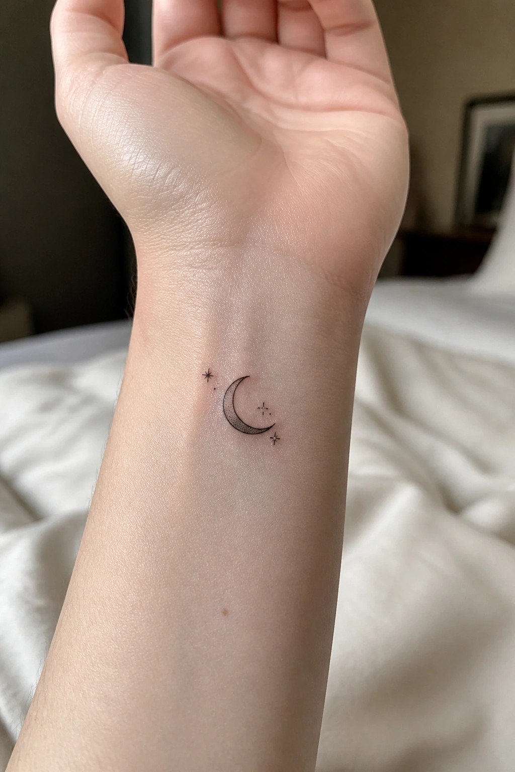 Fine line crescent moon tattoo with stars on the inner wrist