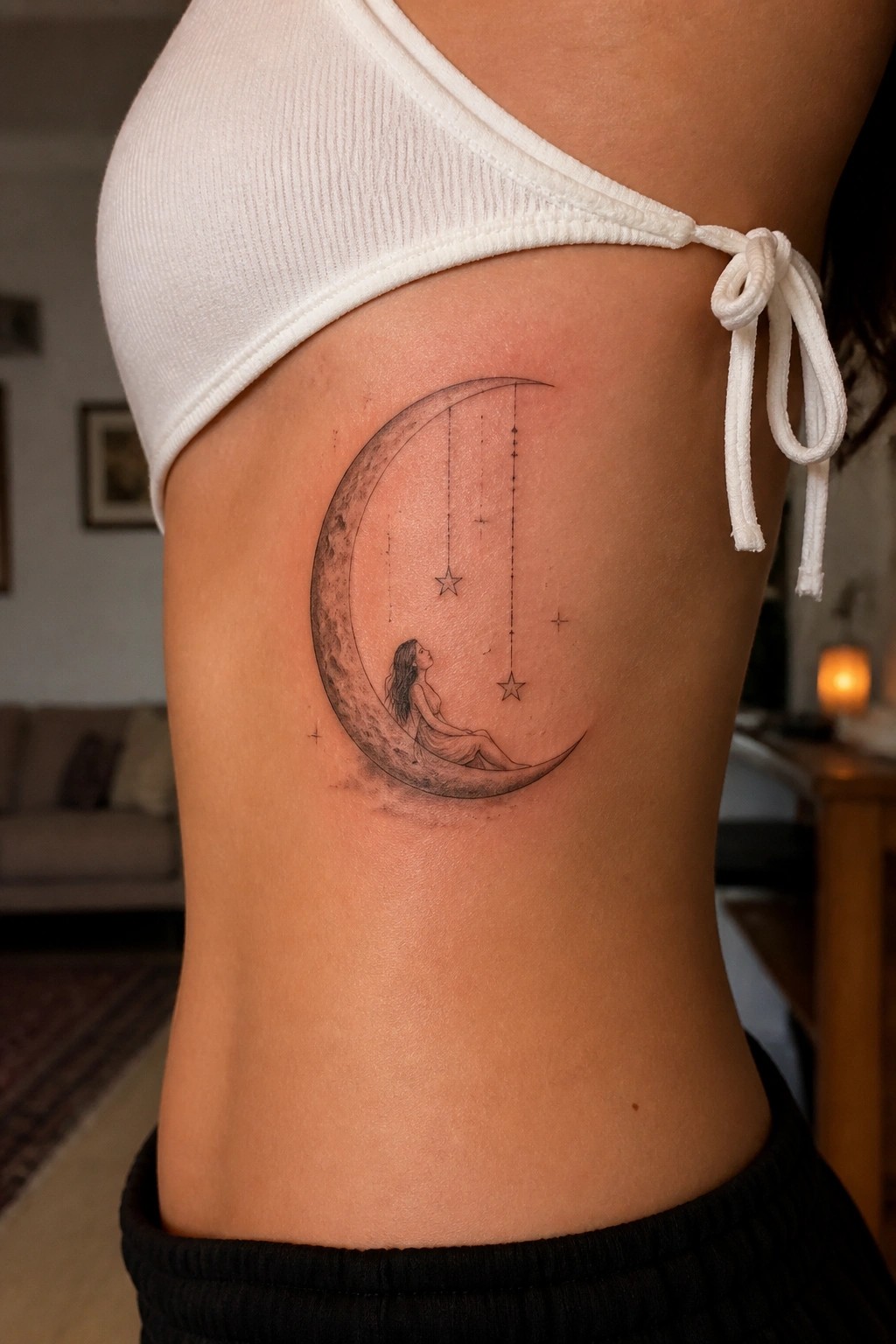 Crescent moon tattoo with seated woman and dangling stars on torso below white top.