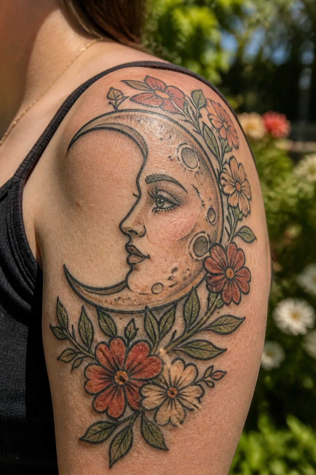 Crescent moon face tattoo with red flowers on shoulder above black tank top