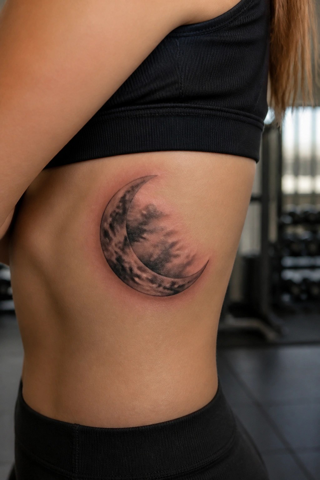 Realistic crescent moon tattoo with cloudy shading on a woman's upper rib area.