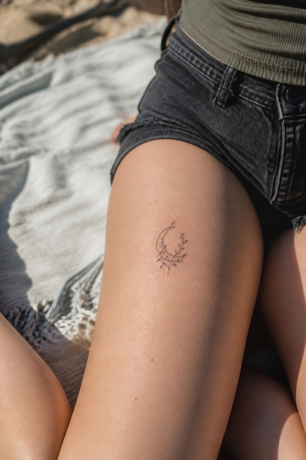 Crescent moon floral tattoo on upper thigh above black denim shorts