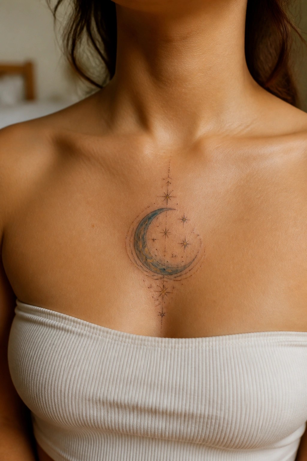 Delicate crescent moon tattoo with stars and a vertical dotted line placed on the center of a woman's chest.