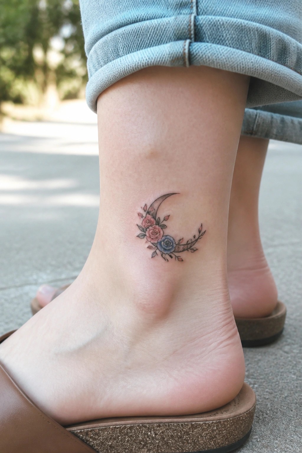 Floral crescent moon tattoo with pink and blue roses on ankle above brown sandal