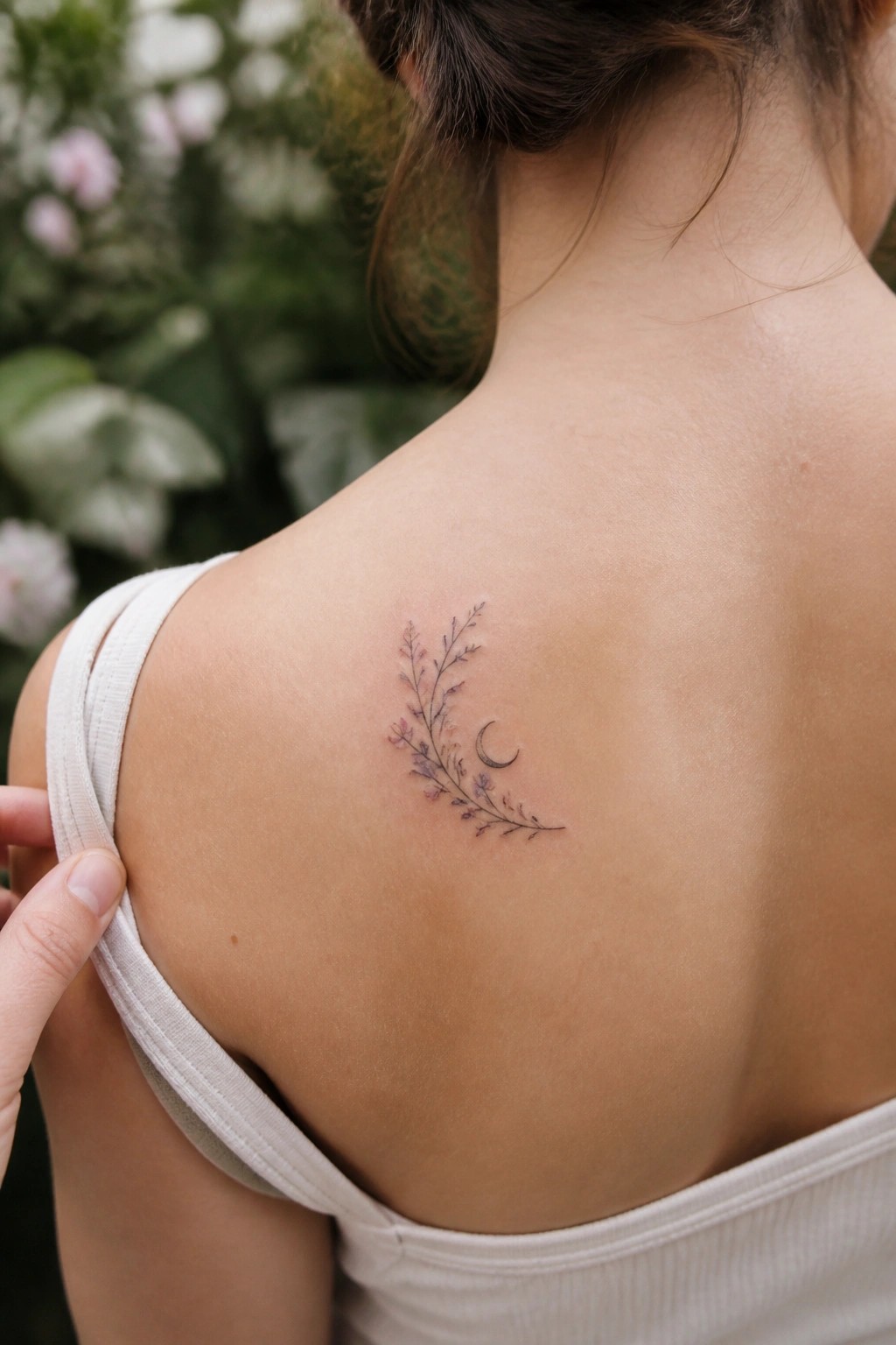 Woman's shoulder with crescent moon and floral tattoo, white tank top, blurred greenery.