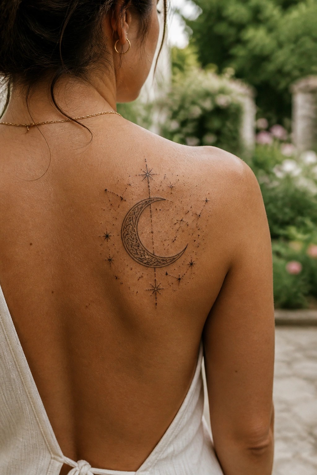 Woman's upper back with crescent moon constellation tattoo in white top