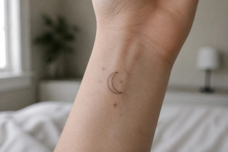 20 Romantic Moon Tattoo Designs for Women With a Soft Celestial Aesthetic Fine line crescent moon tattoo with stars on the inner wrist